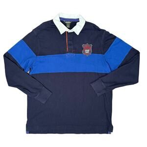 Eddie Bauer Rugby Shirt Men's L Tall Long Sleeve Polo Blue Striped 90s Retro Top